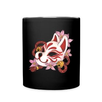 Tolle Kitsune Inari Kabuki Maske mit Kirschblüten - Tasse einfarbig - Schwarz - Vorne