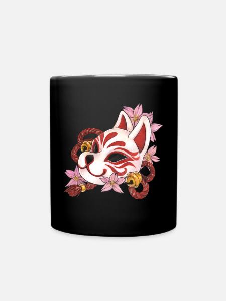 Tolle Kitsune Inari Kabuki Maske mit Kirschblüten - Tasse einfarbig - Schwarz