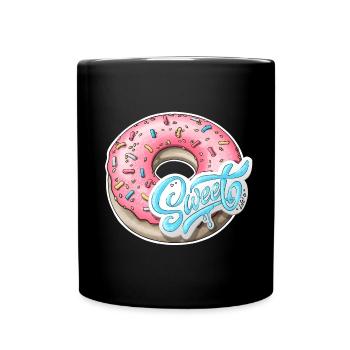 Rosa Streusel Donut mit süßem Etikett - Tasse einfarbig - Schwarz - Vorne
