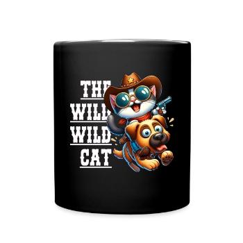 Cartoon Cowboy Cat Rides on Dog, The Wild Cat - Full Colour Mug - black - Front