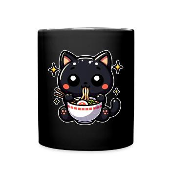 Black Cat Eats Ramen Noodle Soup Stars - Full Colour Mug - black - Front
