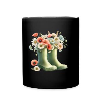 Garden motif: Two green rubber boots with flowers - Full Colour Mug - black - Front