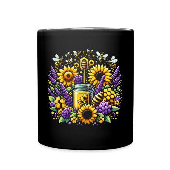 Lebhaftes, farbenfrohes Kunstwerk mit Bienen Honig - Tasse einfarbig - Schwarz - Vorne