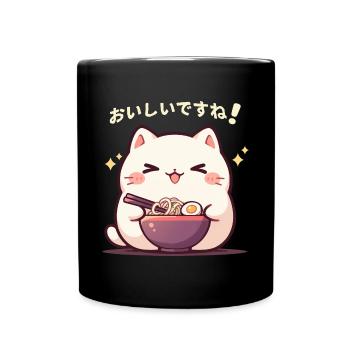 Katze isst Ramen - Tasse einfarbig - Schwarz - Vorne