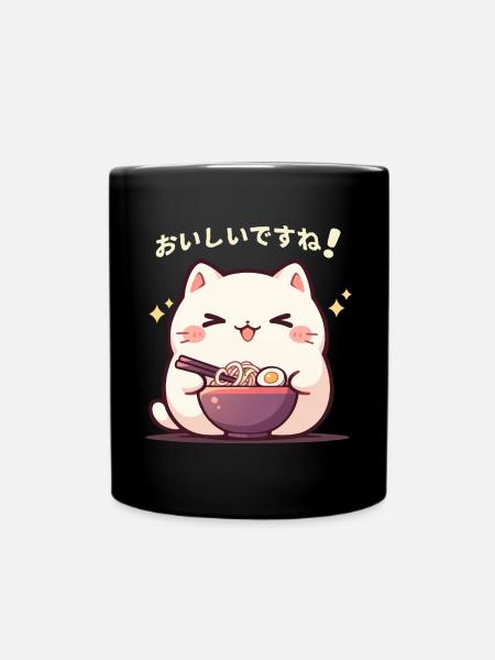 Cat eating Ramen - Full Colour Mug - black