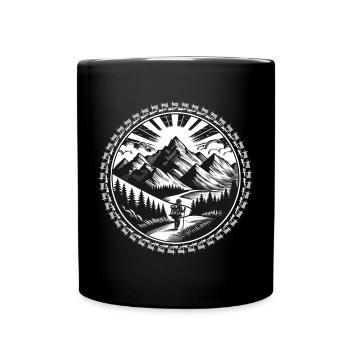 Mountain landscape with a hiker on a trail - Full Colour Mug - black - Front