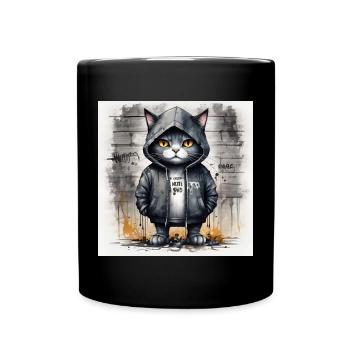 Graffiti-Katze im Hoodie - Tasse einfarbig - Schwarz - Vorne