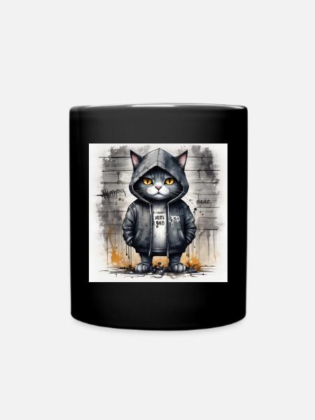 Graffiti-Katze im Hoodie - Tasse einfarbig - Schwarz