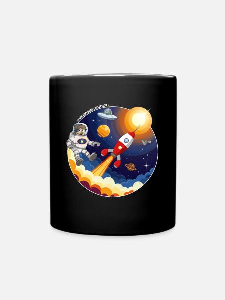 Rocket, astronaut, UFO and planets in space. - Full Colour Mug - black