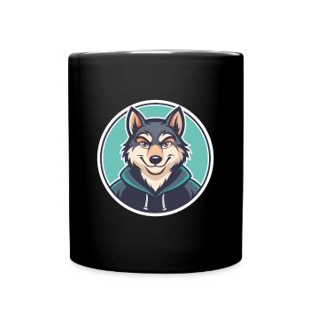 Wolf Kawaii Cartoon Character Animal Pet Face - Full Colour Mug - black - Front