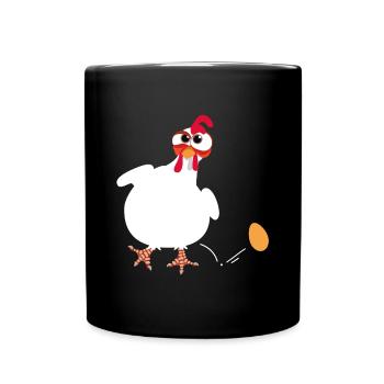 Weiße Henne legt ein Ei lustige Comic-Zeichnung - Tasse einfarbig - Schwarz - Vorne