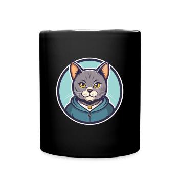 Chartreux Cat Breed Cartoon Kawaii Animal Pet - Full Colour Mug - black - Front