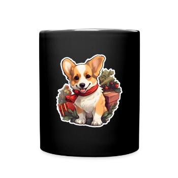 Weihnachten Corgi Stechpalme und Geschenke - Tasse einfarbig - Schwarz - Vorne