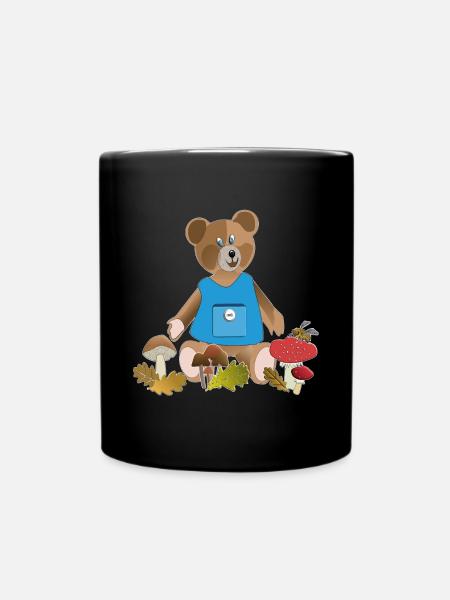Bear with blue apron, mushroom parade - Full Colour Mug - black