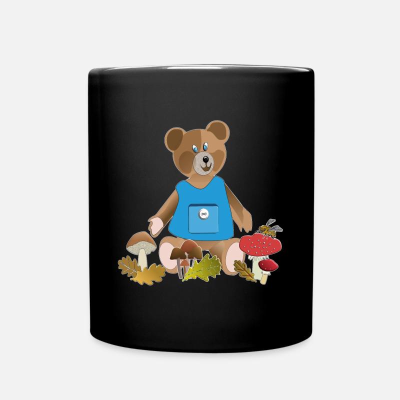 Bear with blue apron, mushroom parade - Full Colour Mug - black