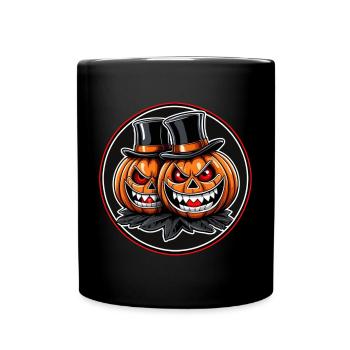 Zwei grinsende Halloweenkürbisse mit Zylinder - Tasse einfarbig - Schwarz - Vorne