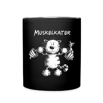 Katze Muskelkater Kraftsport Fitness Wortspiel - Tasse einfarbig - Schwarz - Vorne