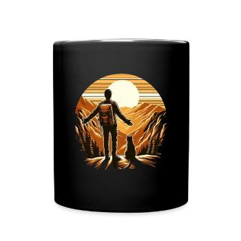 Sonnenaufgang: Ein Reisender und seine Katze - Tasse einfarbig - Schwarz - Vorne