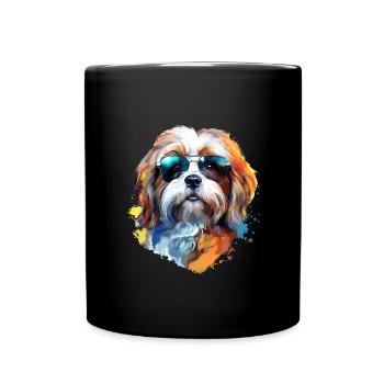 Lhasa Apso mit Sonnenbrille - Tasse einfarbig - Schwarz - Vorne