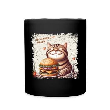 Life is better with Burgers - happy Cat - Full Colour Mug - black - Front