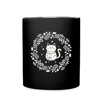 Weihnachtskranz mit süßer Katze - Tasse einfarbig - Schwarz - Vorne