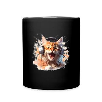 Schreiende DJ Katze mit Kopfhörer Musik Haustier - Tasse einfarbig - Schwarz - Vorne