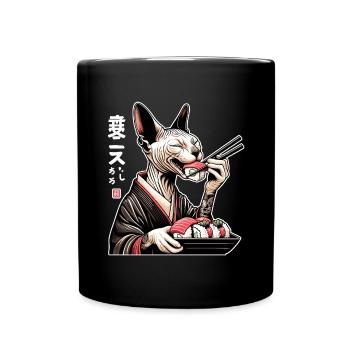 Un chat Sphynx heureux en kimono sushi - Mug uni - noir - Devant