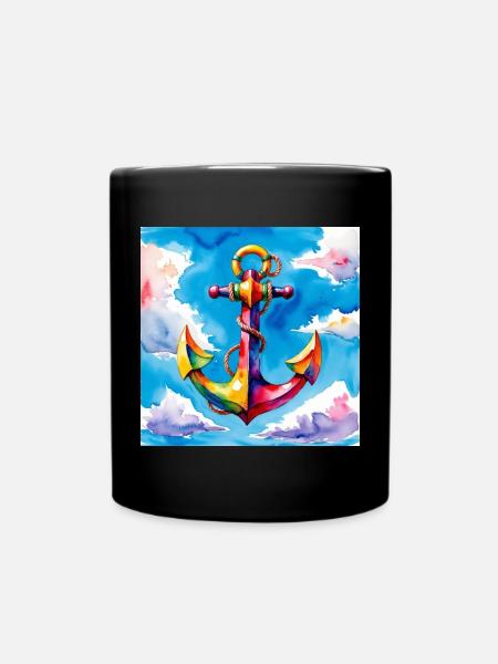 Bunt aquarellierter Anker im Himmel - Tasse einfarbig - Schwarz