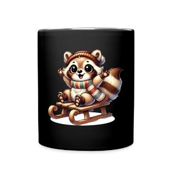 Cheerful raccoon on sleigh – winter fun motif - Full Colour Mug - black - Front