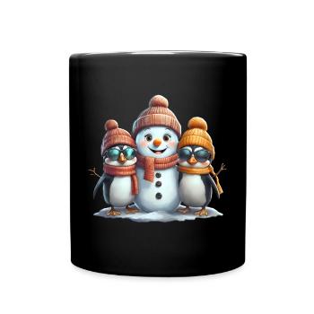 Amis de l’hiver : Pingouins et bonhomme de neige - Mug uni - noir - Devant
