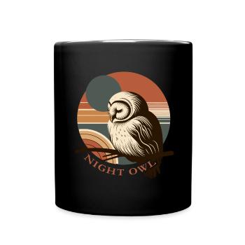 Night Owl on a branch - Vintage moon Illustration - Full Colour Mug - black - Front