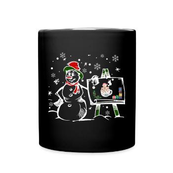 Schneemann mit Weihnachtsfenster Motiv - Tasse einfarbig - Schwarz - Vorne