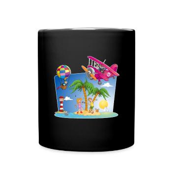 Sonne, Insel, Flugzeug, Palmen, Heißluftballon - Tasse einfarbig - Schwarz - Vorne