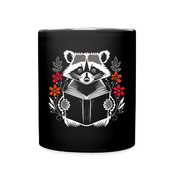 Reading cute raccoon with book and flowers - Full Colour Mug - black - Front