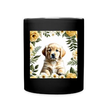 Cute puppy in flower wreath - Full Colour Mug - black - Front