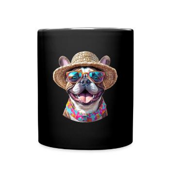 Bulldog with straw hat and sunglasses - Full Colour Mug - black - Front