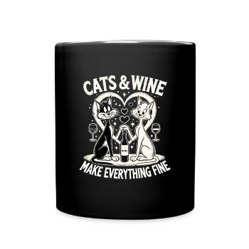 Katzen und Wein machen alles fein witzig Geschenk - Tasse einfarbig - Schwarz - Vorne