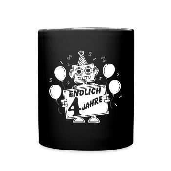 Ich bin vier Jahre 4. Geburtstag Roboter - Tasse einfarbig - Schwarz - Vorne