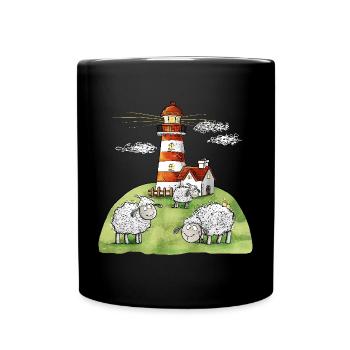 Leuchtturm und Schafe I Nordsee Ostsee Küste - Tasse einfarbig - Schwarz - Vorne