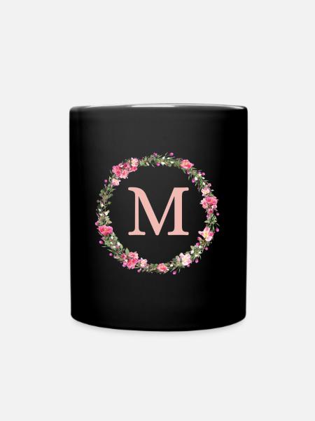 M Monogramm, Blumen-Kranz, personalisierbar - Tasse einfarbig - Schwarz