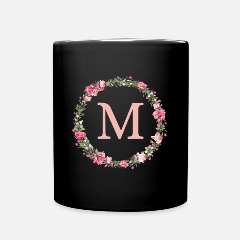 M Monogramm, Blumen-Kranz, personalisierbar - Tasse einfarbig - Schwarz