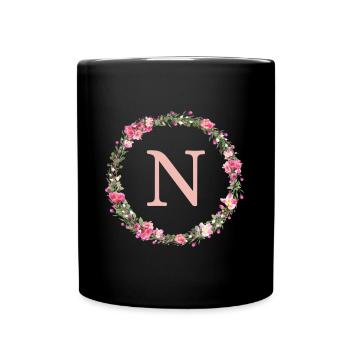 N Monogram, Couronne de fleurs, Personnalisable - Mug uni - noir - Devant