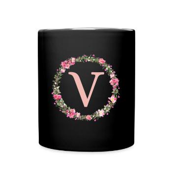 V Monogram, Couronne de fleurs, Personnalisable - Mug uni - noir - Devant