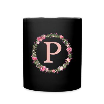 P Monogram, Couronne de fleurs, Personnalisable - Mug uni - noir - Devant