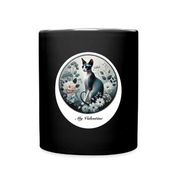 Motif de la Saint-Valentin avec des fleurs et un chat sphynx - Mug uni - noir - Devant