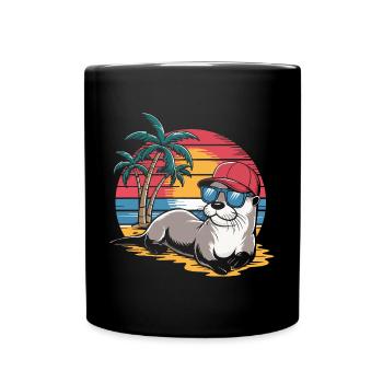Loutre avec lunettes de soleil et casquette de baseball sur la plage - Mug uni - noir - Devant