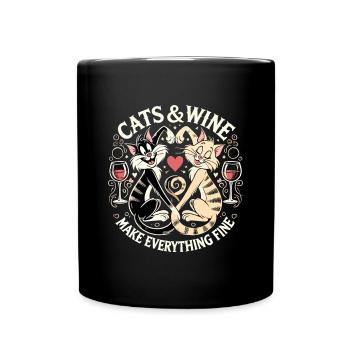 Katzen und Wein machen alles fein witzig Geschenk - Tasse einfarbig - Schwarz - Vorne