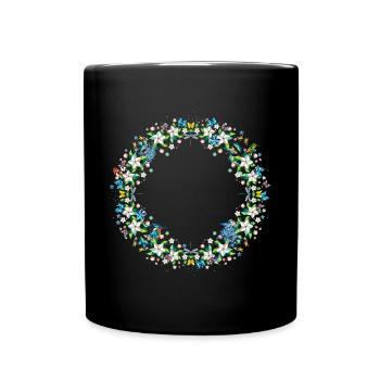 Spring Wreath – Colorful Flower and Animal Composition - Full Colour Mug - black - Front