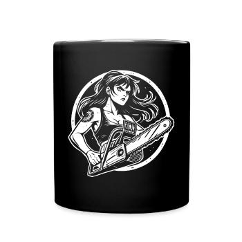 Women with Chainsaw – Funny Power Design - Full Colour Mug - black - Front