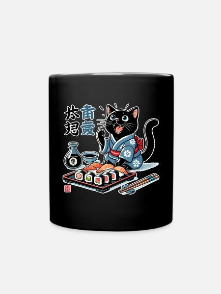 Sushi Black Cat Kimono Maki Nigiri Gift - Full Colour Mug - black